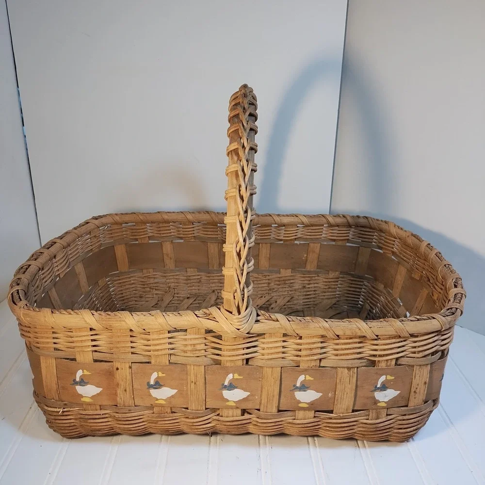 Vintage Woven Basket Goose Geese W/ Handle Large Cottage Core Rustic Farmhouse